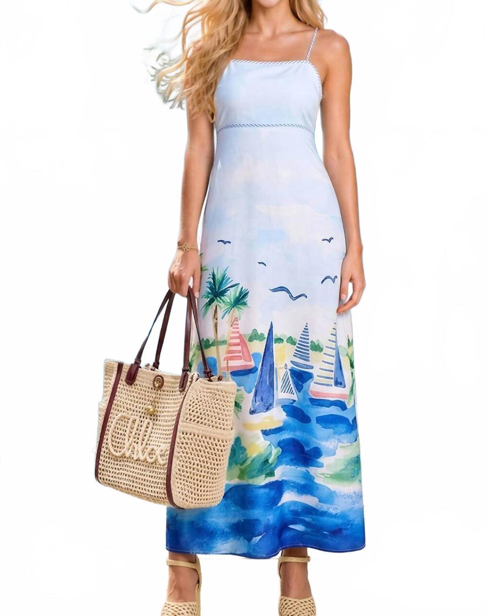 NEW MAIN STRIP coastal sailboat midi dress in blue multi